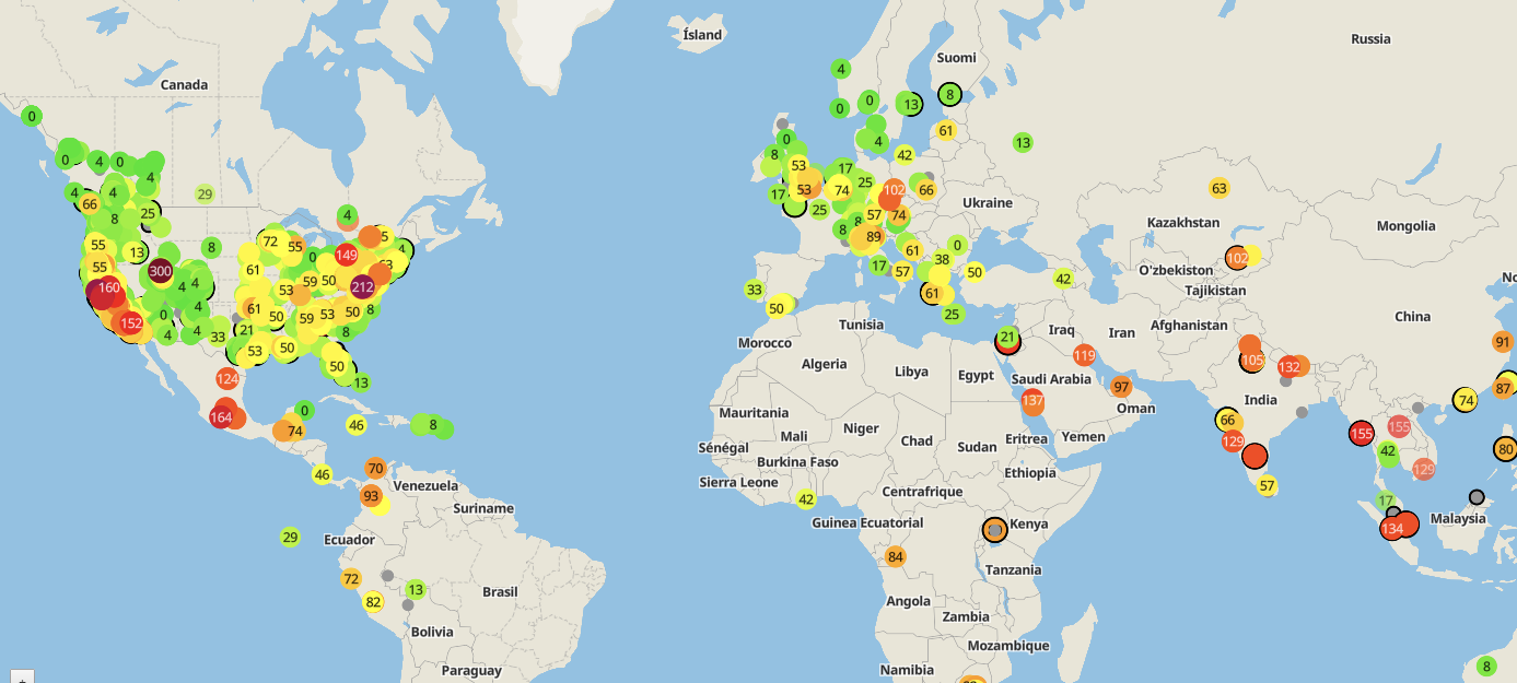 A map of the world showing air pollution readings from personal air sensors. For more information, go to purpleair.com/map